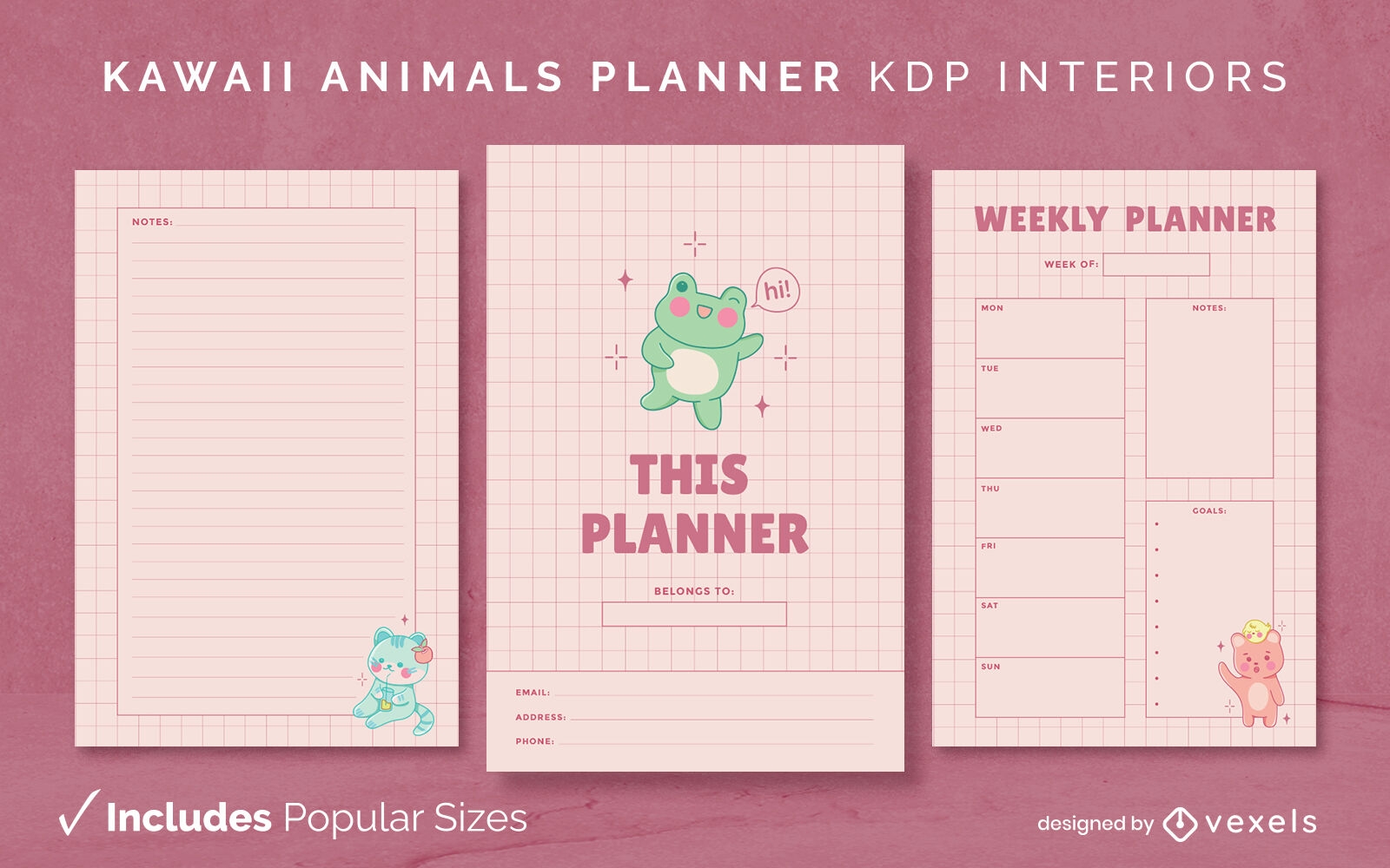 Kawaii animals Diary Design Template KDP