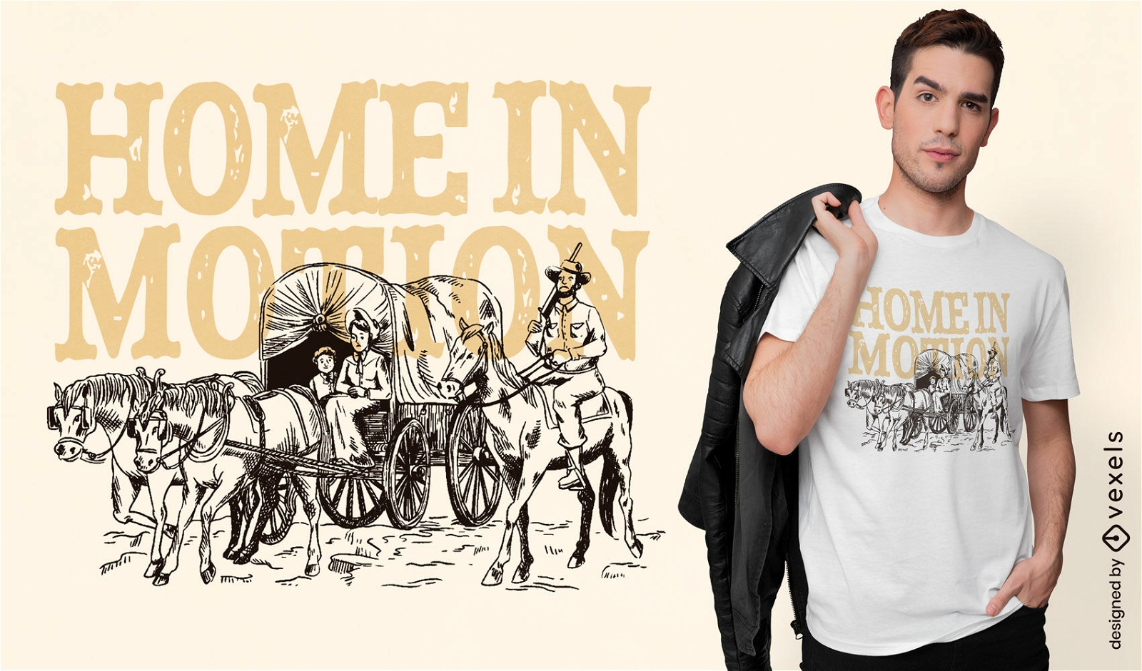 Casa em movimento design de camiseta de cowboy vintage