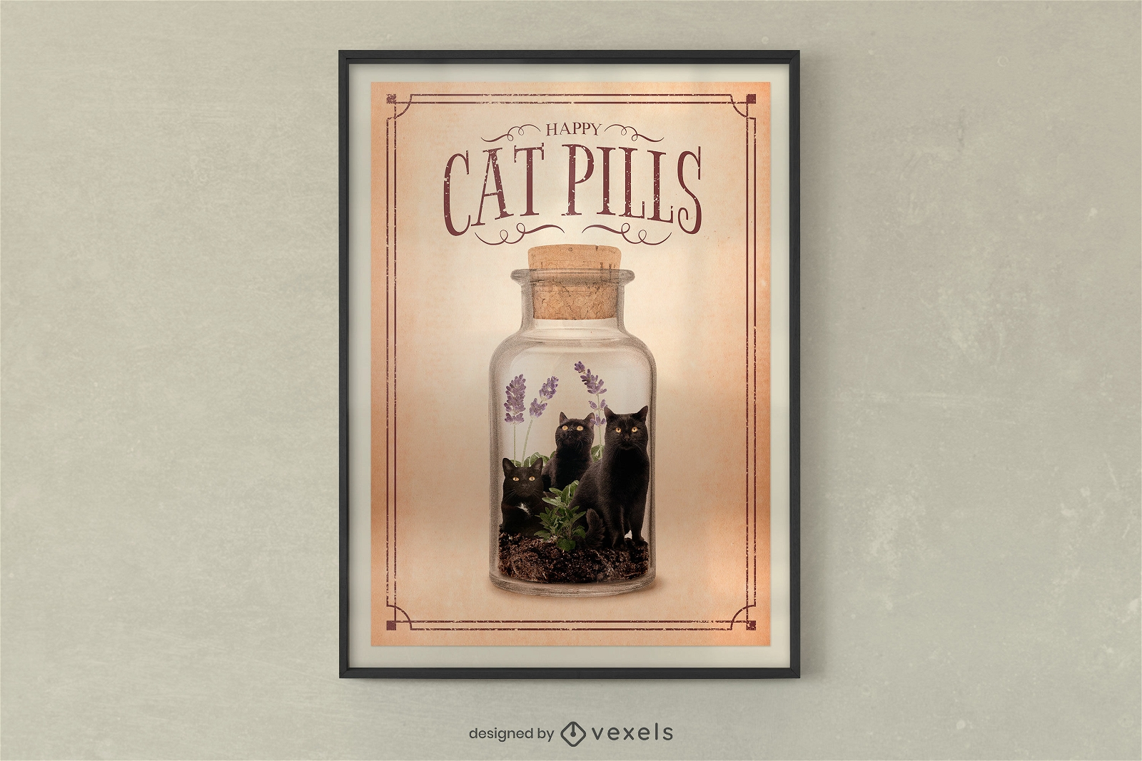 Gatos pretos em um design de cartaz de garrafa de comprimidos