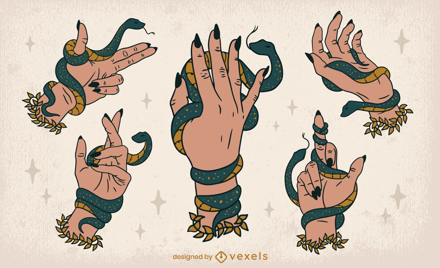 Mãos de bruxa segurando o conjunto de fantasia de cobras