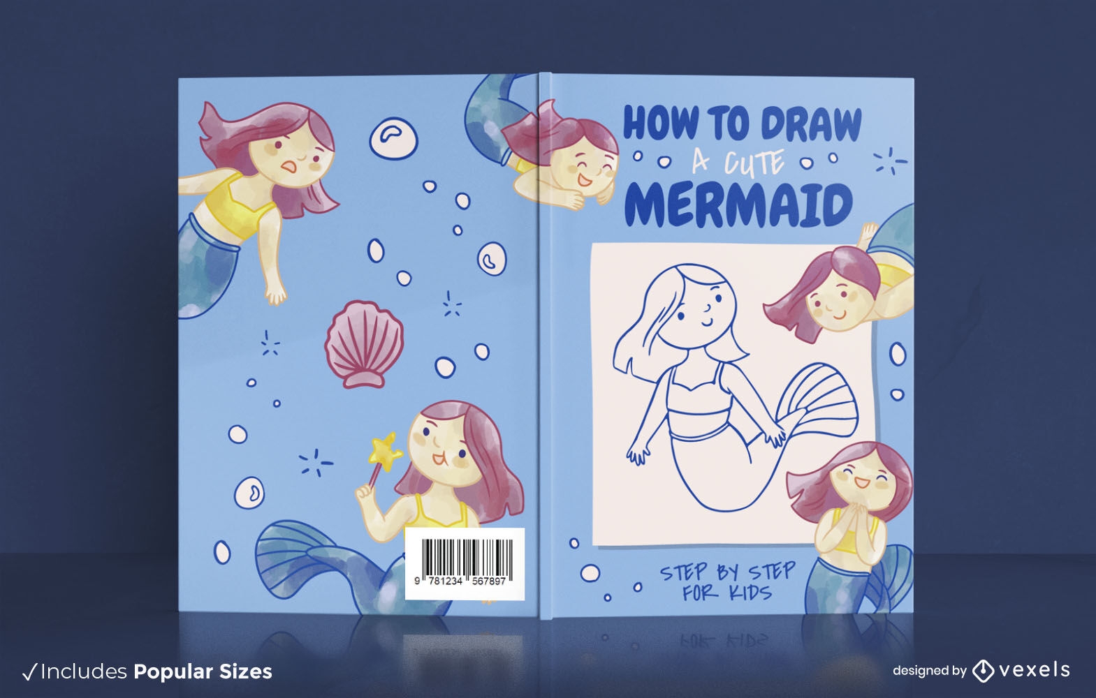 Cute mermaid swimming book cover design