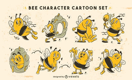 Conjunto de caracteres engraçados de abelhas de desenho retrô