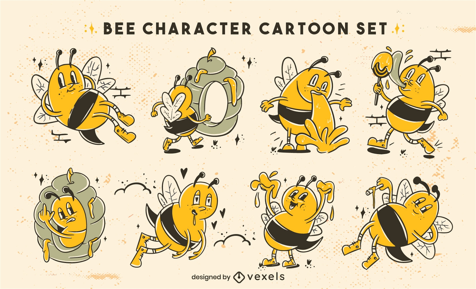 Conjunto de caracteres divertidos de abejas de dibujos animados retro