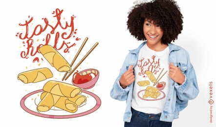 Diseño de camiseta de comida china de rollitos de primavera.