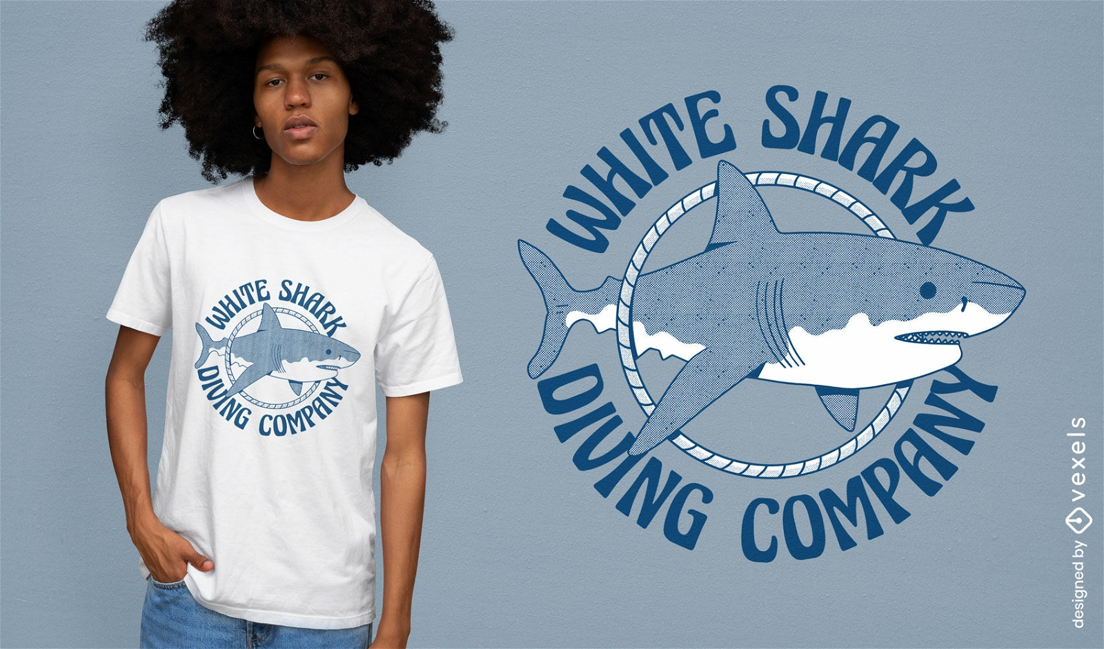 White shark diving t-shirt design