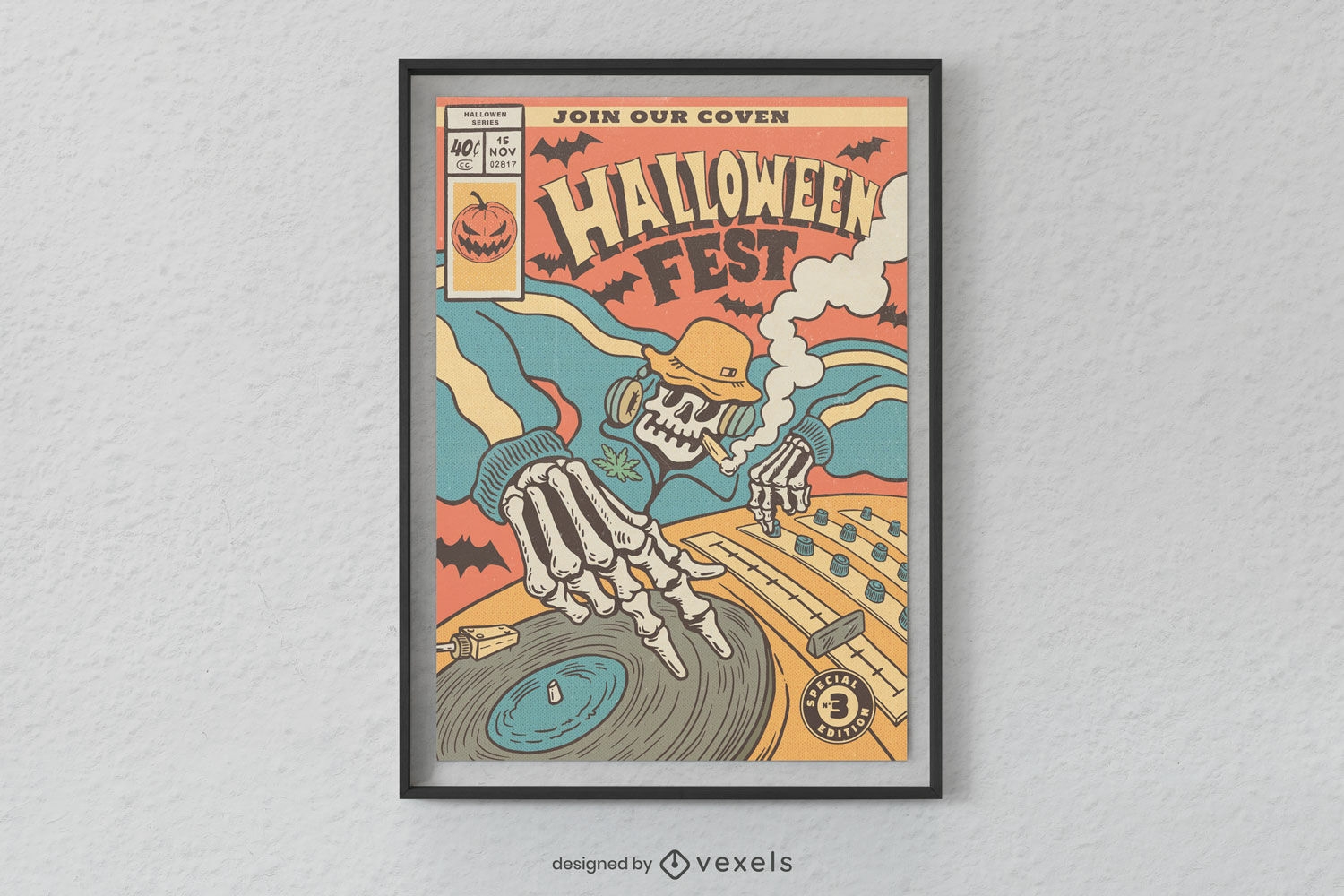 Design de pôster de DJ de esqueleto de Halloween