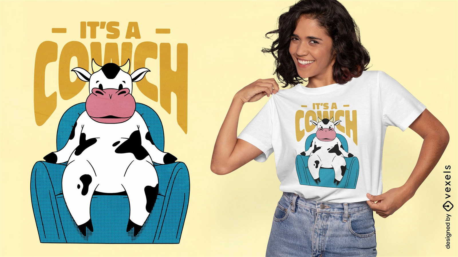 Design de camiseta de desenho animado de sof? de vaca engra?ado