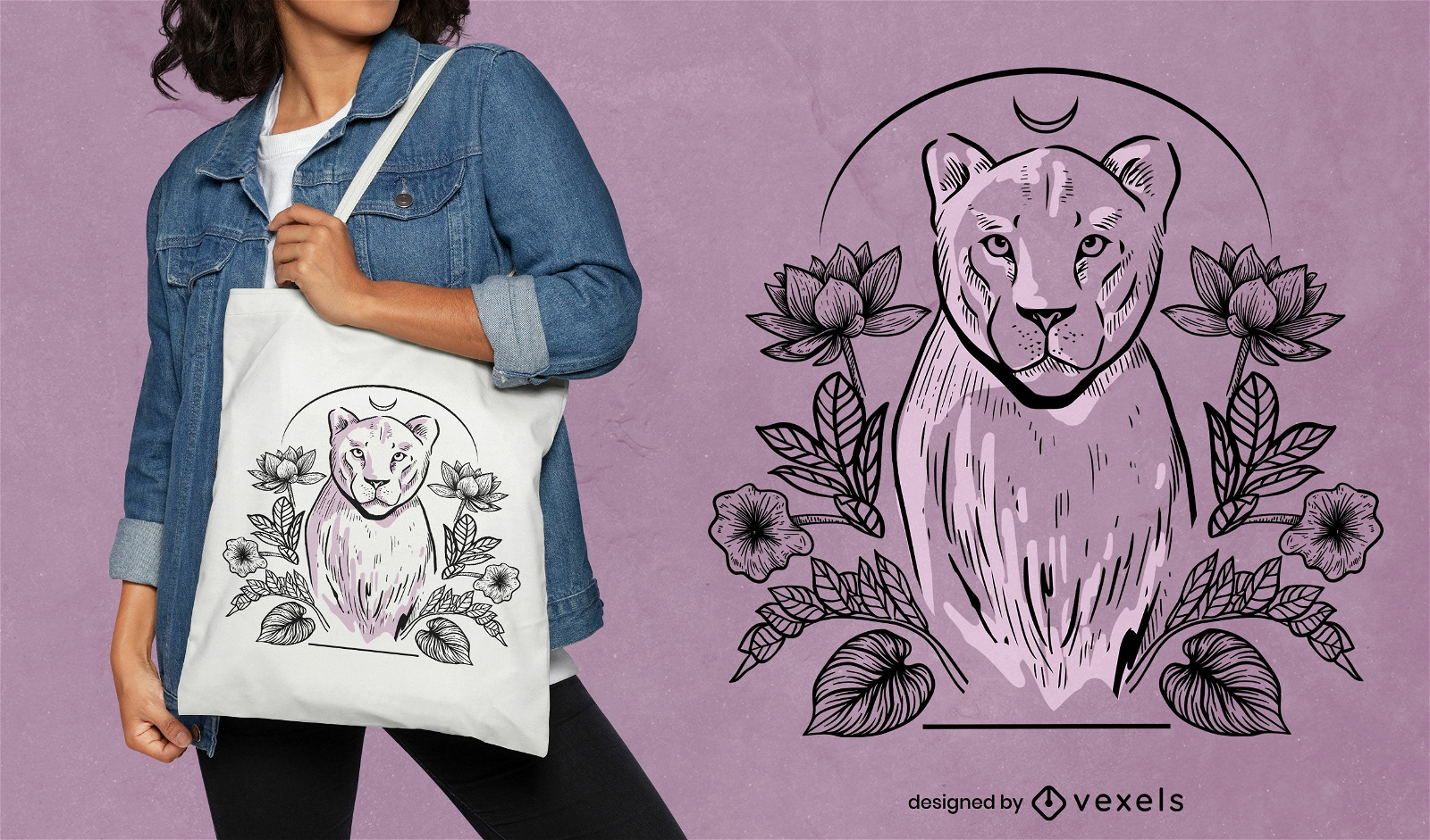 Diseño de bolso tote leona y naturaleza.