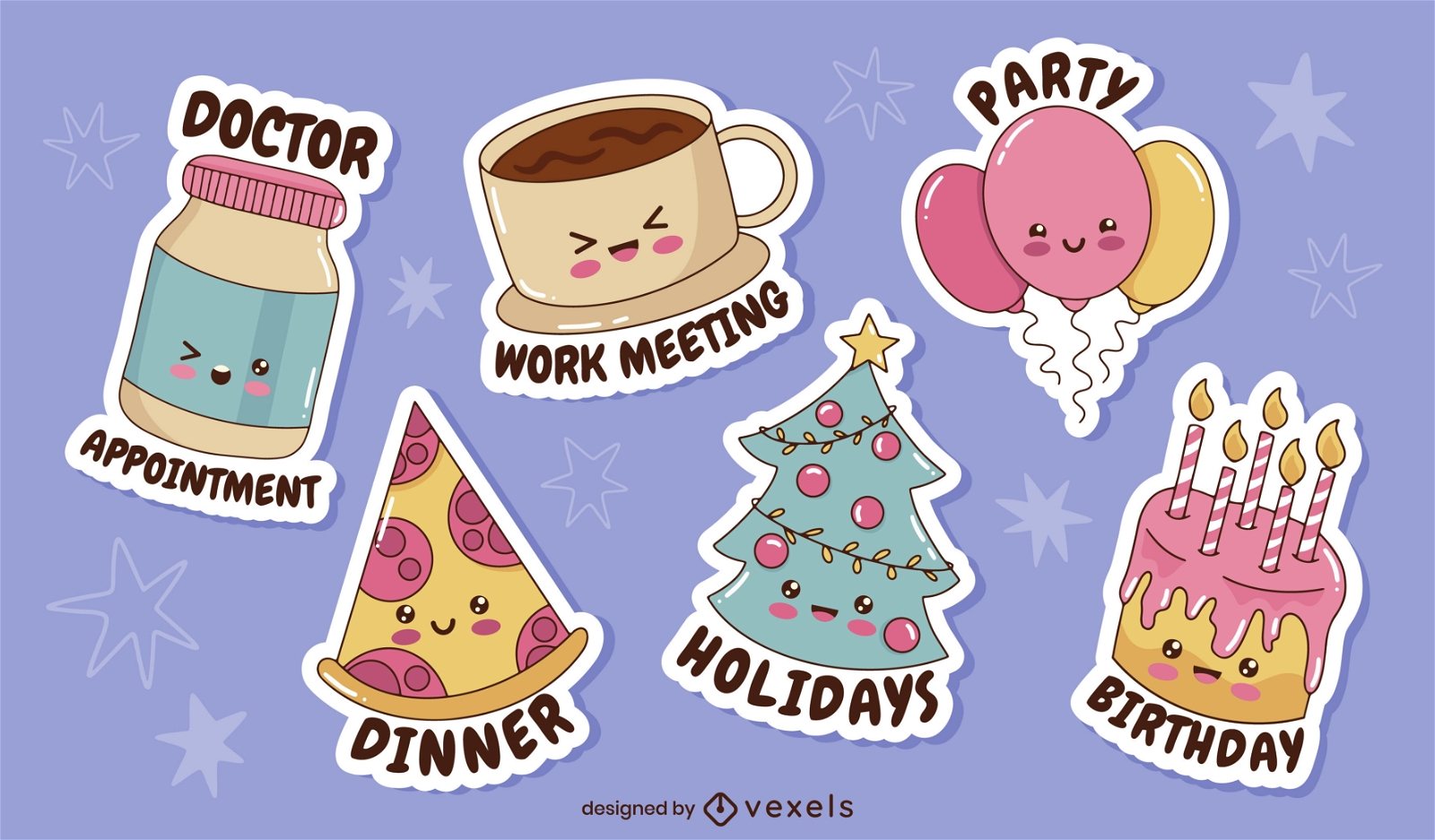 Kawaii objects and quotes sticker set