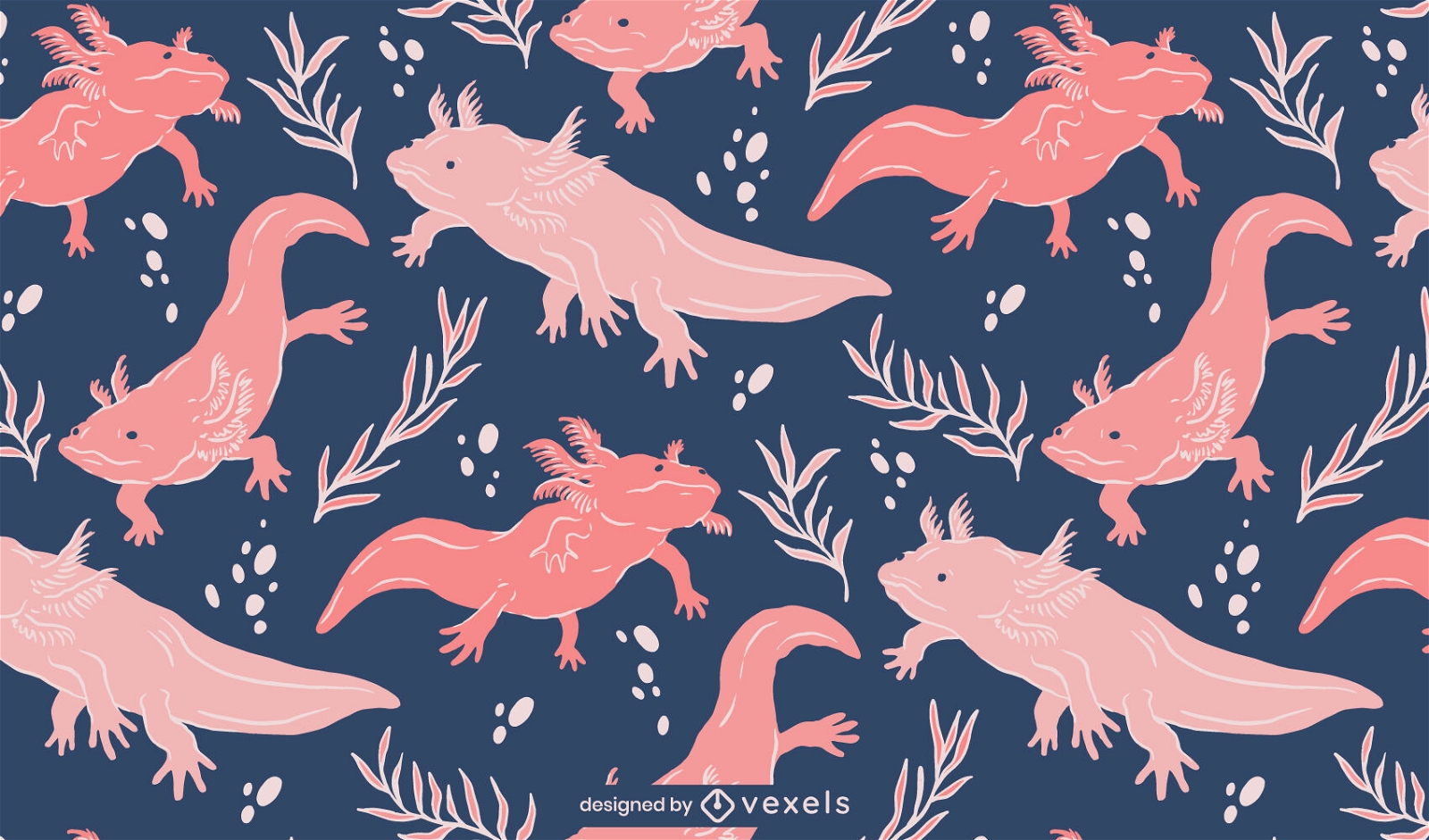 Axolotls, die im Wassermusterdesign schwimmen