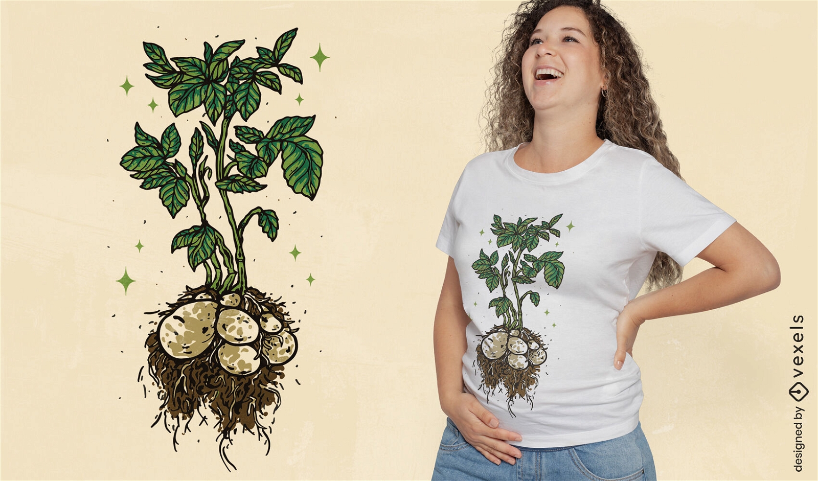 Diseño de camiseta subterránea de planta de patata.