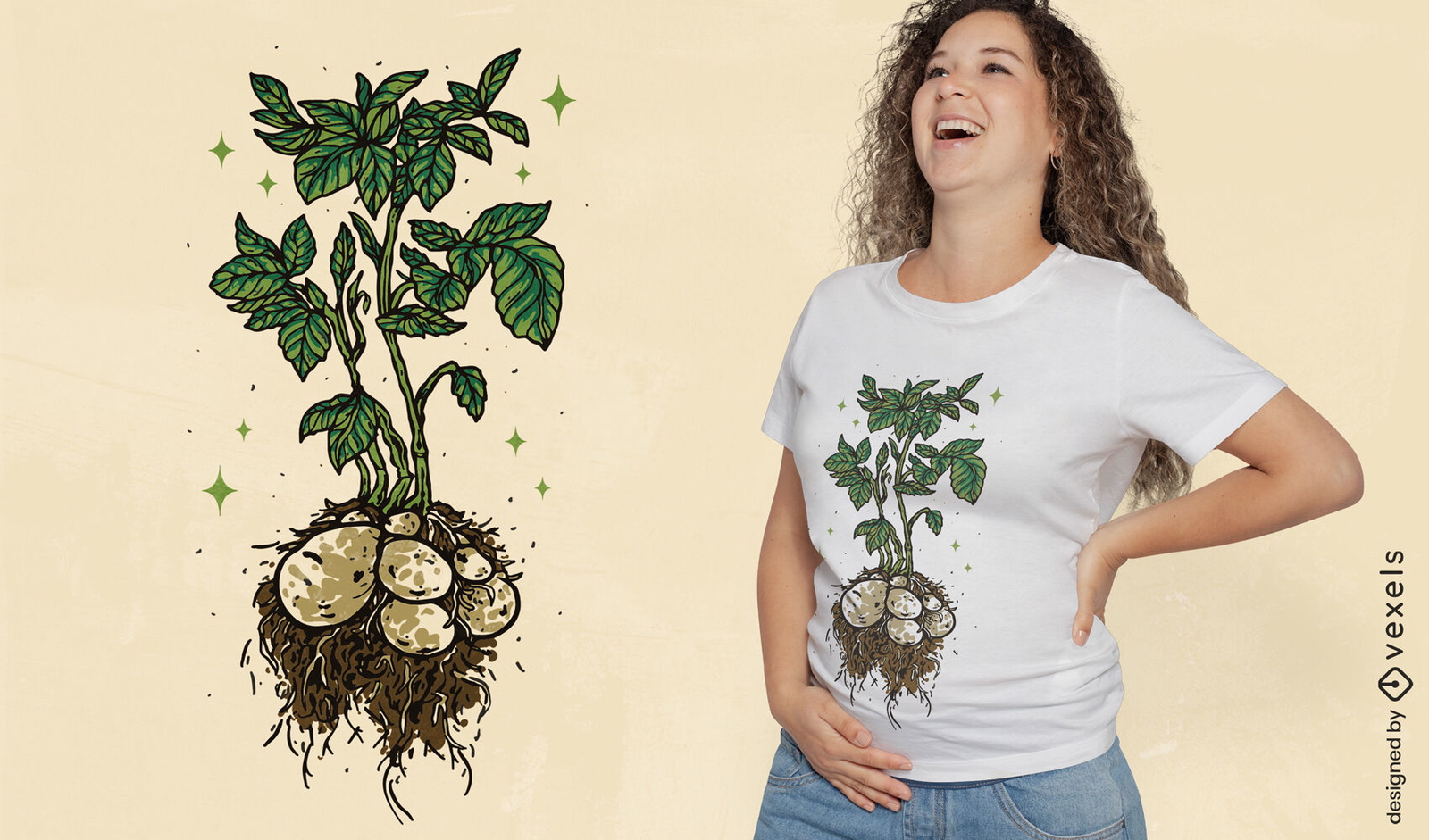 Diseño de camiseta subterránea de planta de patata.