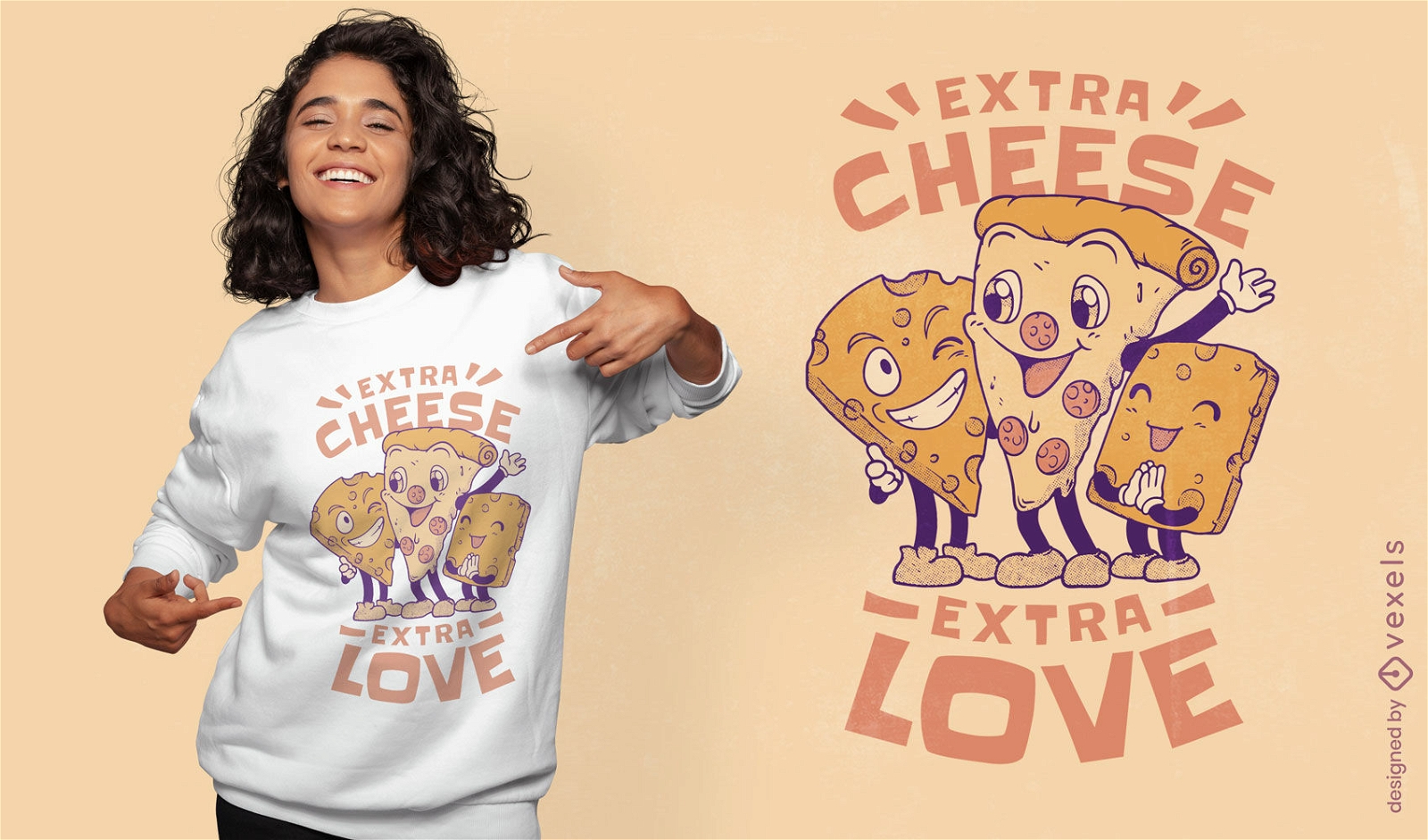 Design de camiseta de desenho animado de pizza de queijo extra
