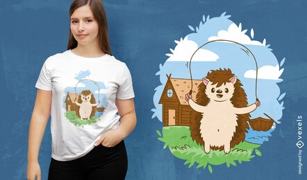 Cute hedgehog jump rope cartoon t-shirt design
