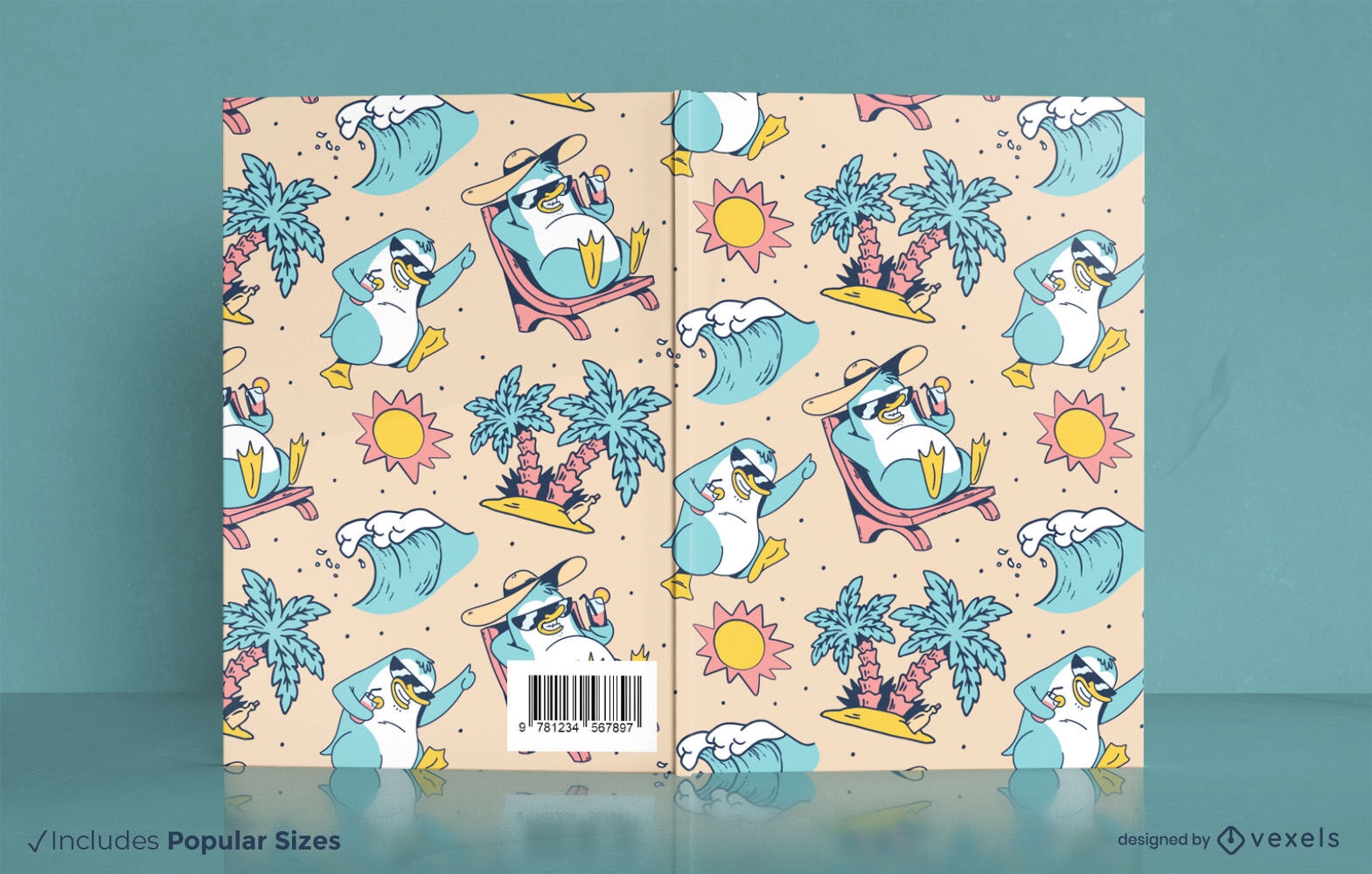 Diseño de portada de libro de animales pingüinos en verano.