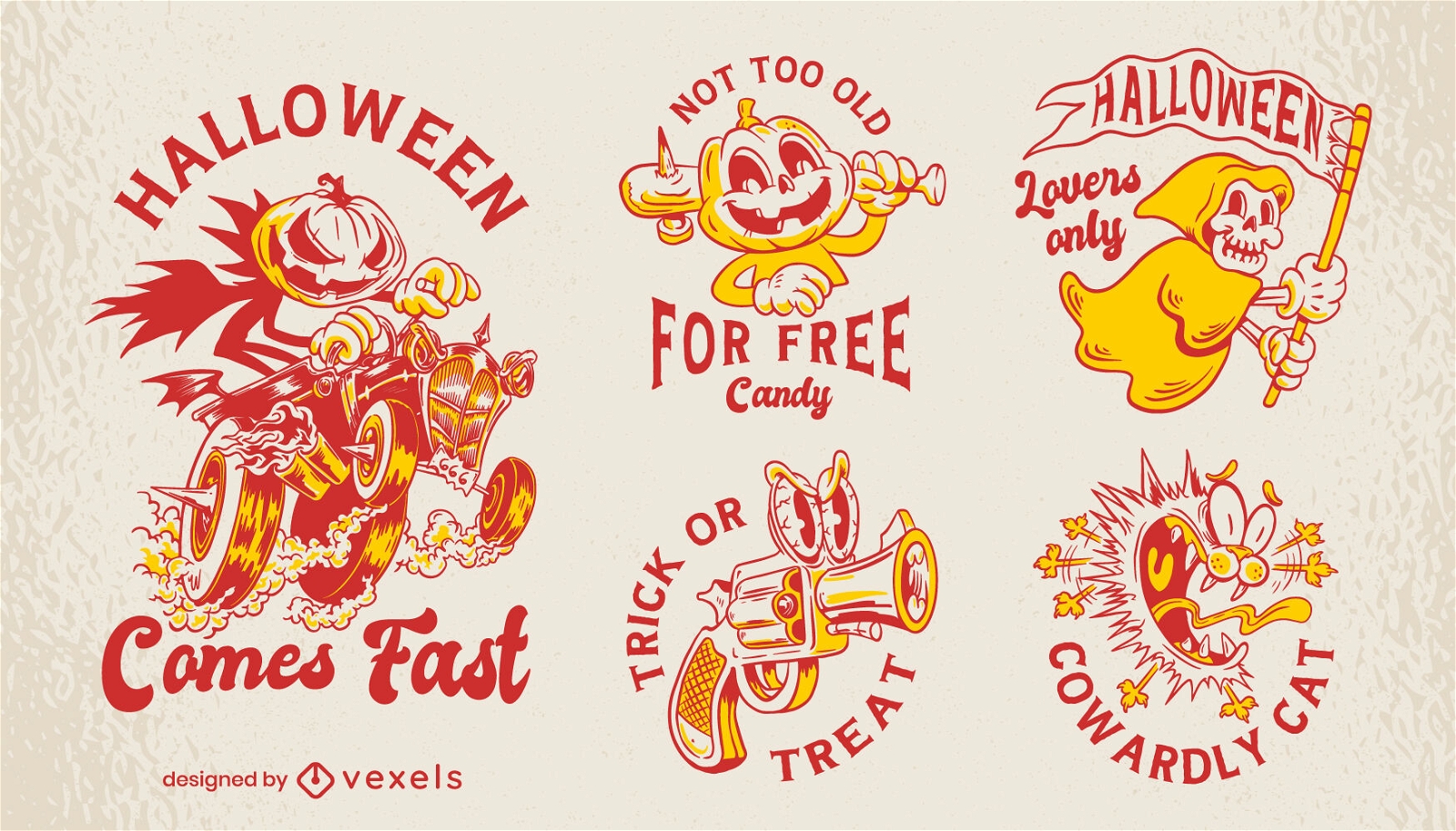 Retro cartoon halloween badges set