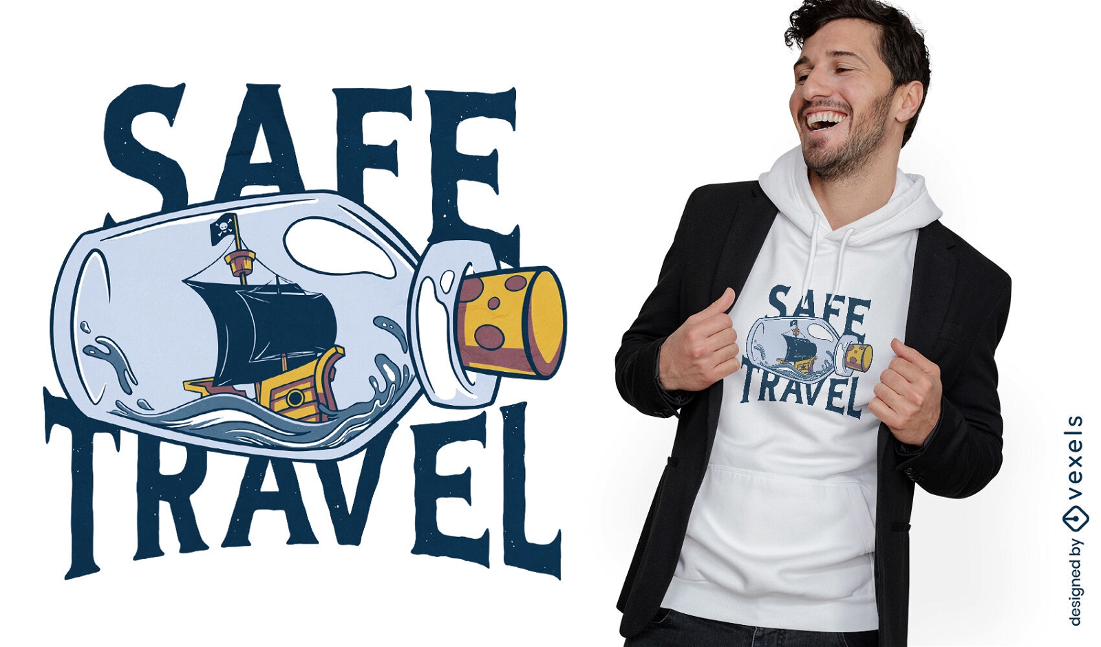 Safe travel pirate ship in a bottle t-shirt design