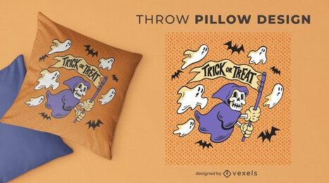 Skeleton and ghosts halloween throw pillow design