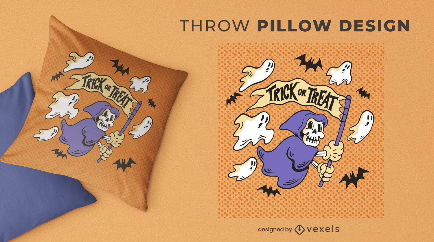 Skeleton and ghosts halloween throw pillow design