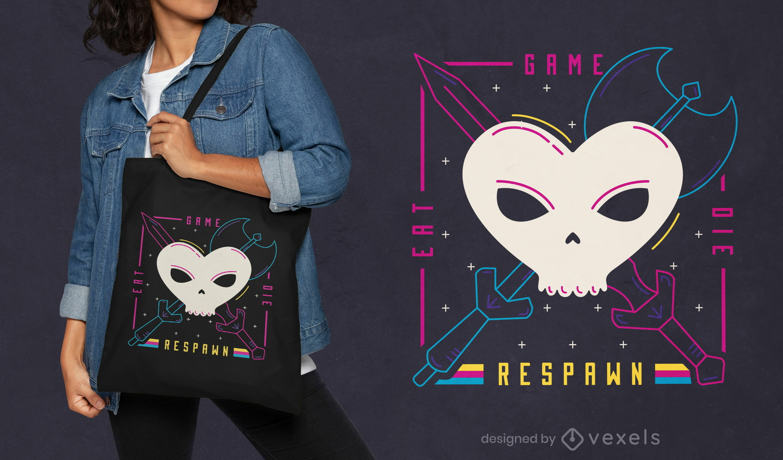 Design de bolsa gamer de coração em forma de caveira