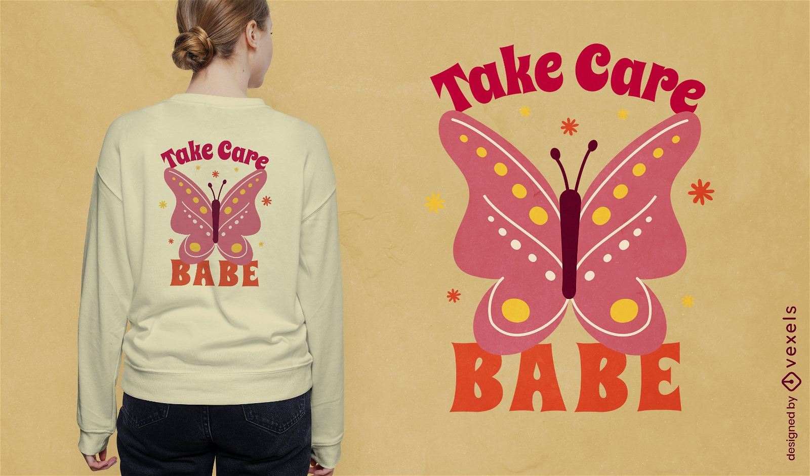Cuide-se design de camiseta com citação de borboleta