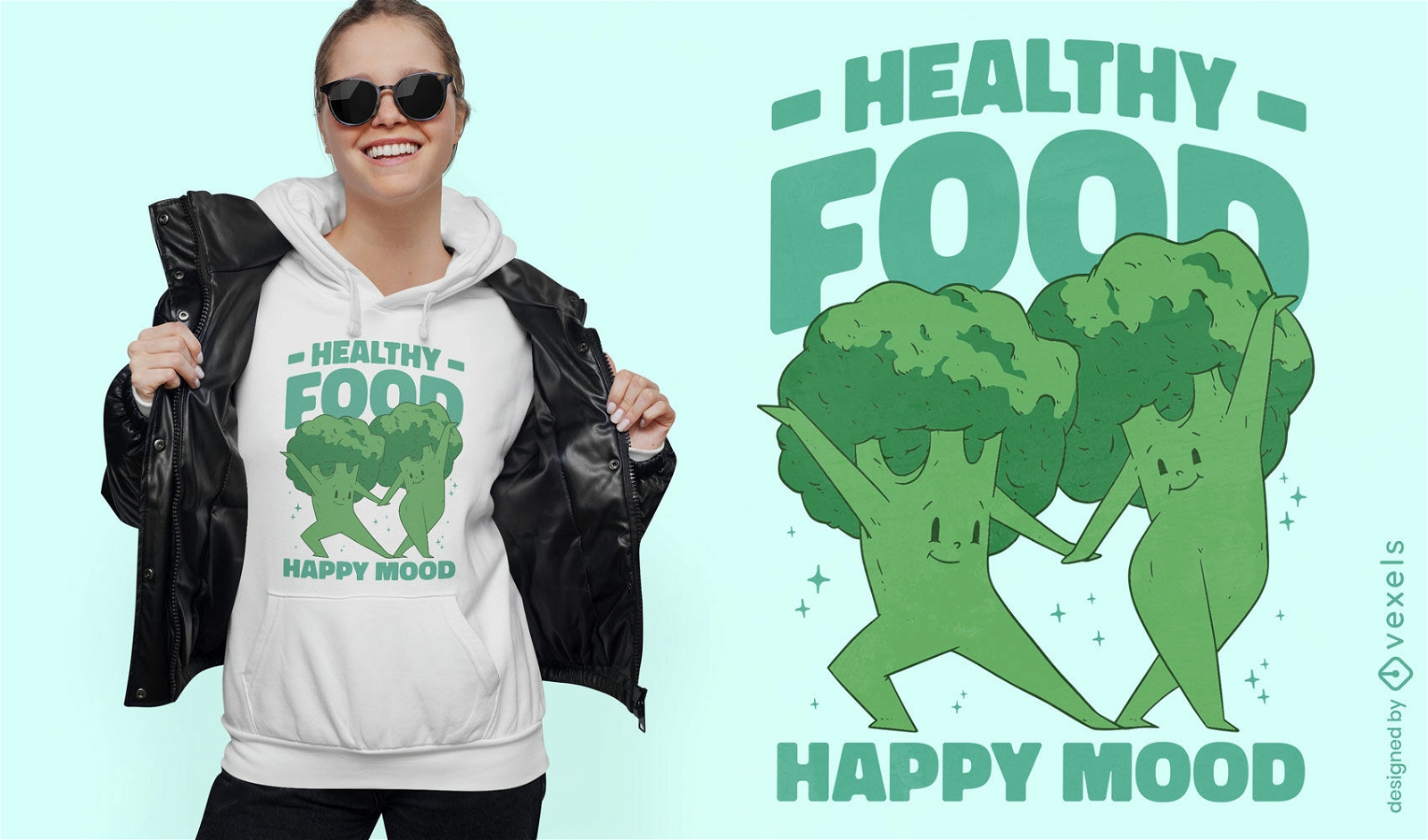 Design de camiseta de desenho animado de brócolis dançante saudável