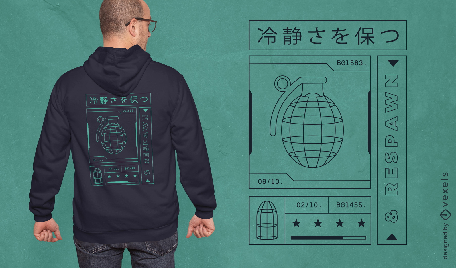 Diseño de camiseta de juego de granadas japonesas.