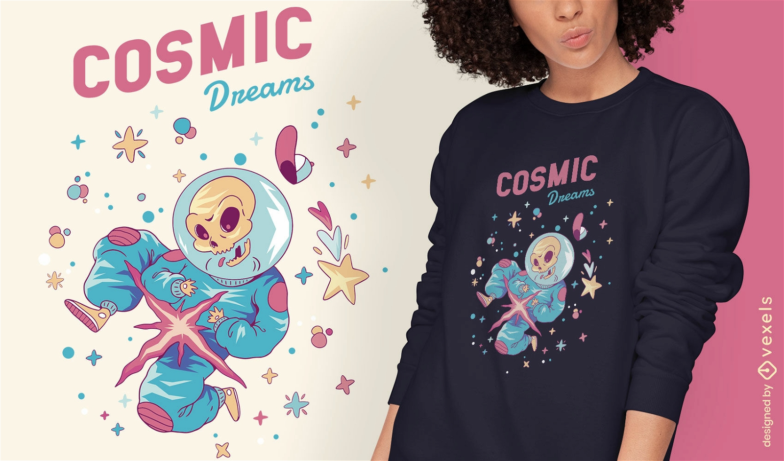 Design de camiseta de caveira de astronauta c?smico