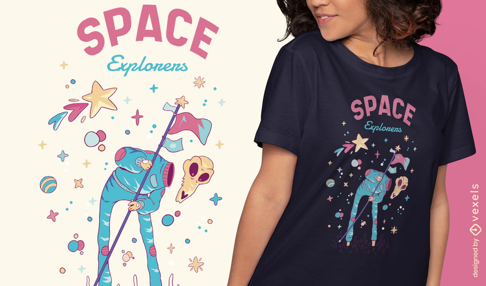 Dise?o de camiseta de explorador de astronauta espacial.