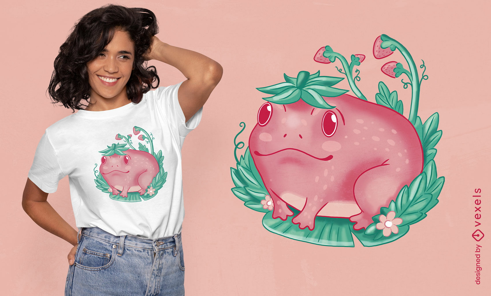 Diseño de camiseta de rana feliz fresa kawaii