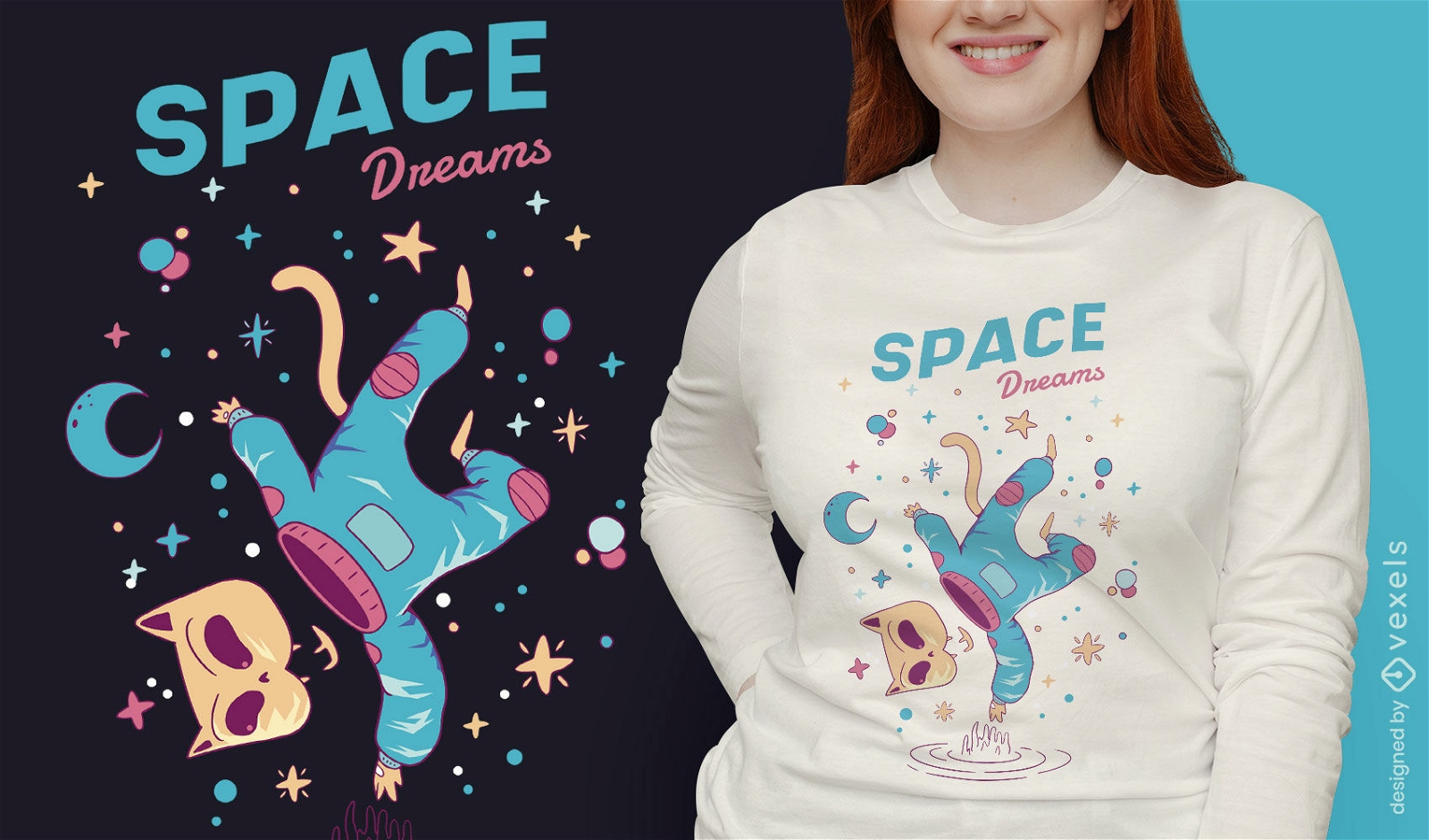 Diseño de camiseta de gato astronauta flotando en el espacio