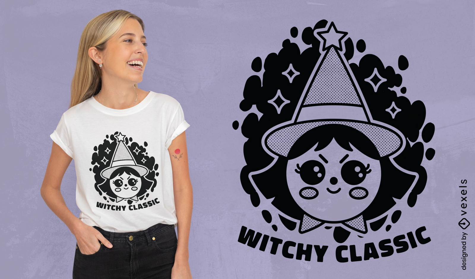 Design de camiseta de desenho retrô clássico de bruxa