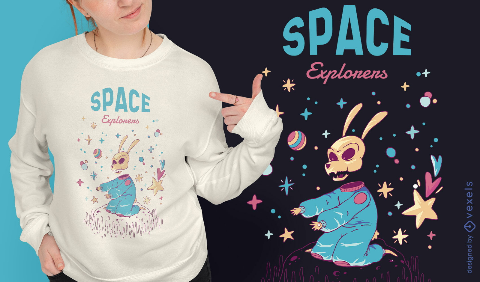 Diseño de camiseta de conejo esqueleto de exploradores espaciales