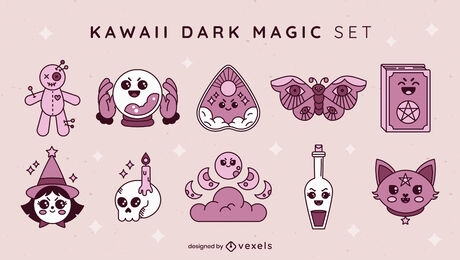 Conjunto de elementos de bruja mágica oscura kawaii