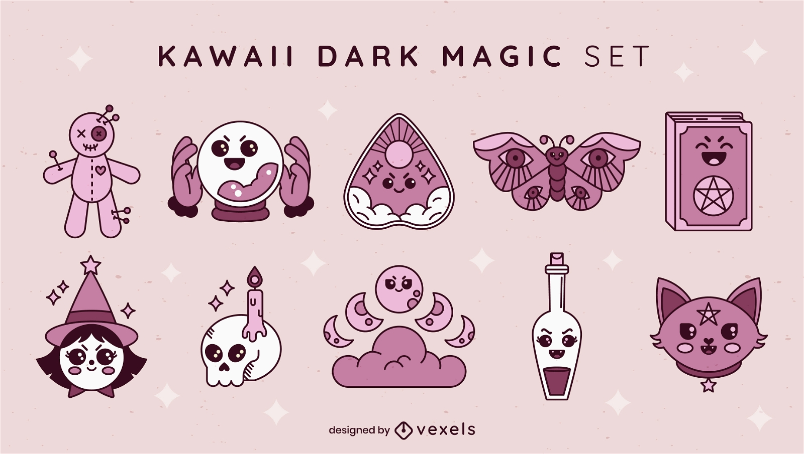 Conjunto de elementos de bruxa de magia negra Kawaii