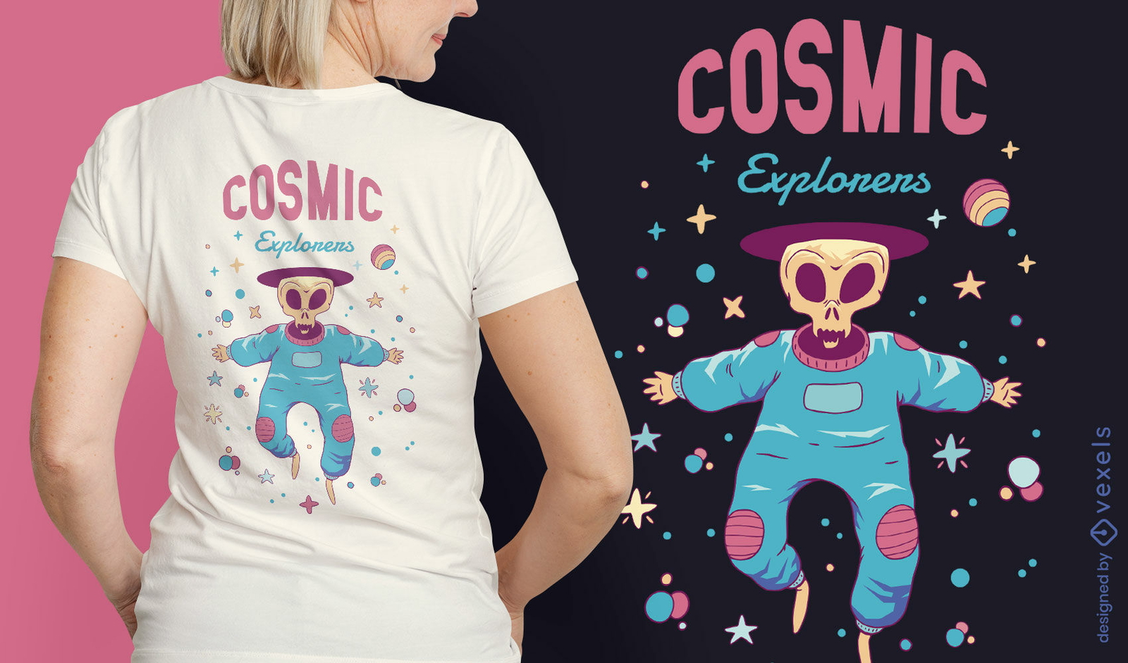 Design de camiseta de esqueleto de exploradores cósmicos