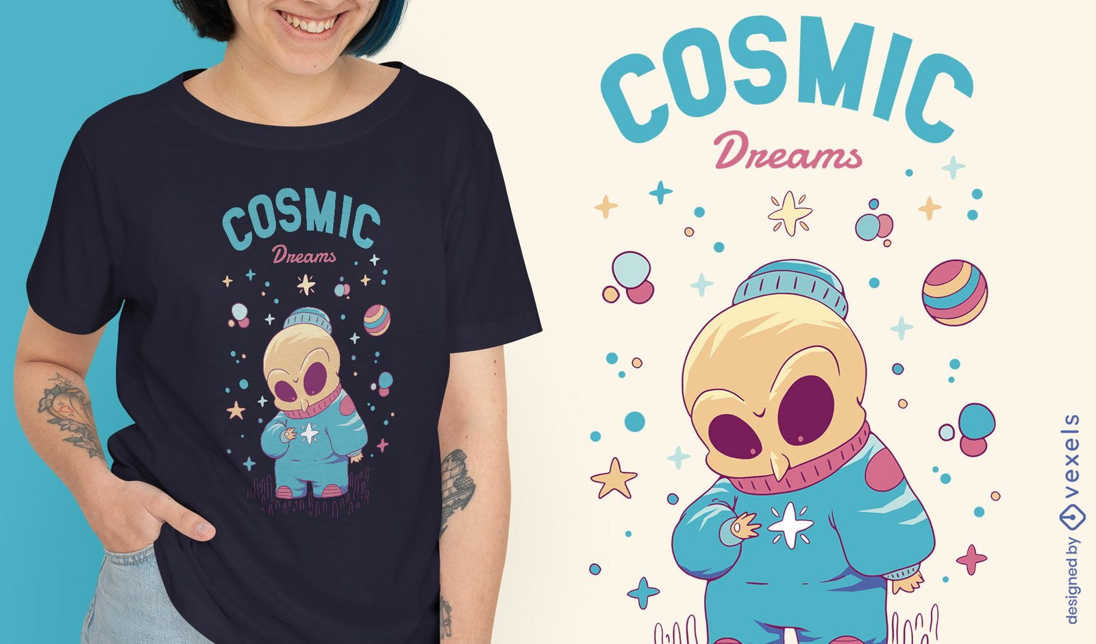 Design de camiseta de caveira espacial de sonhos cósmicos