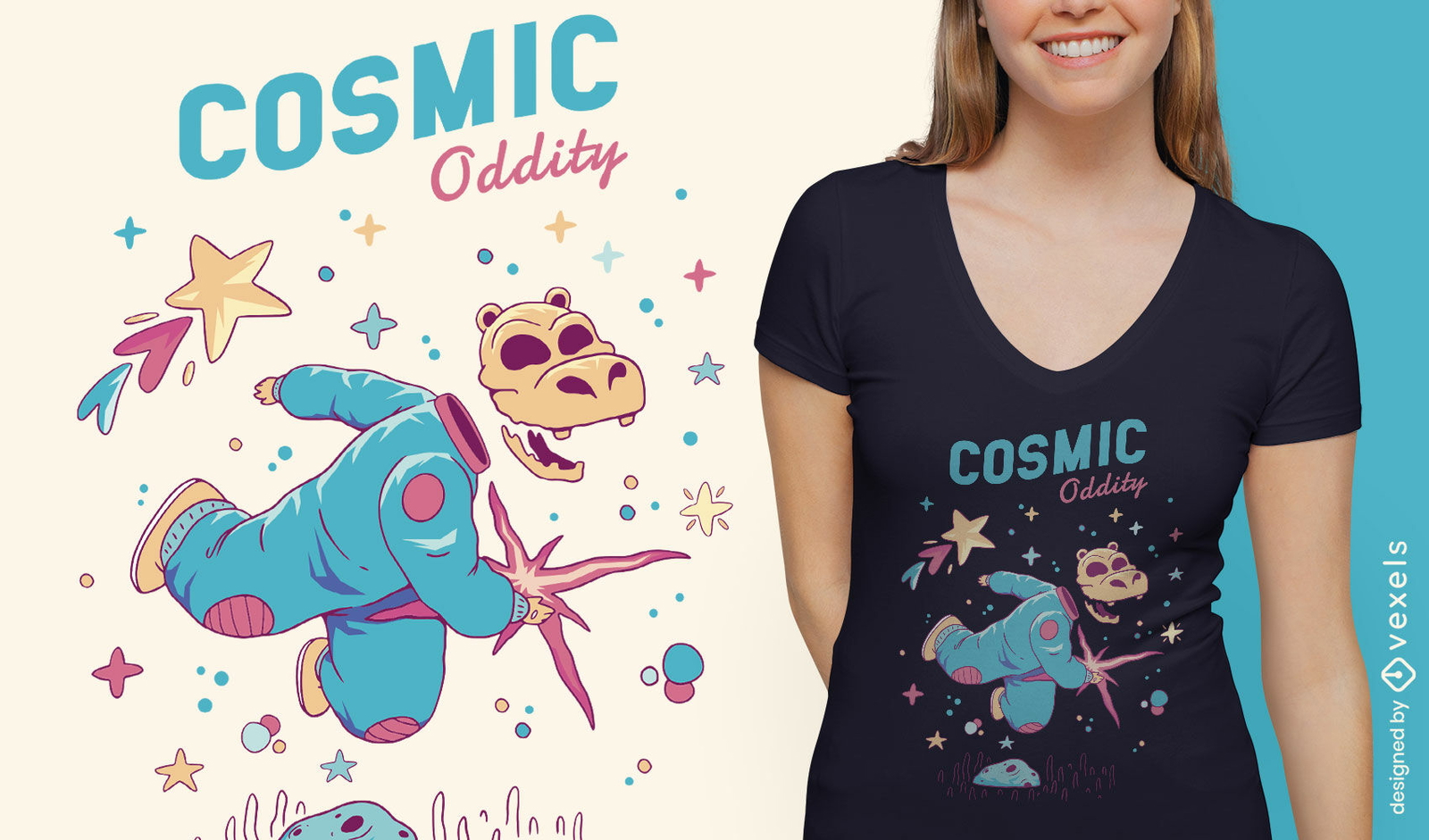 Design de camiseta de hipopótamo espacial cósmico