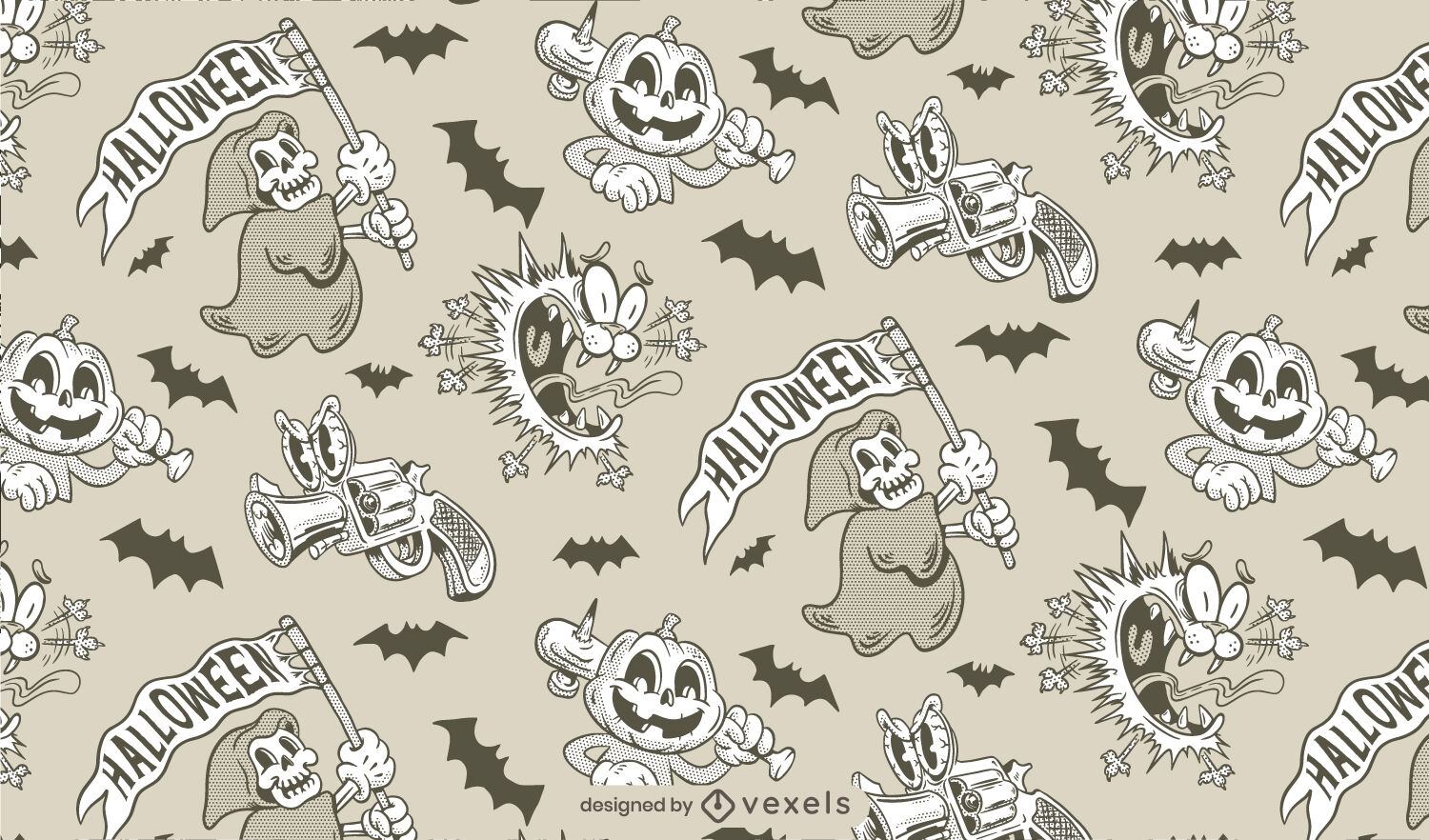 Diseño de patrón de monstruos de dibujos animados retro de halloween