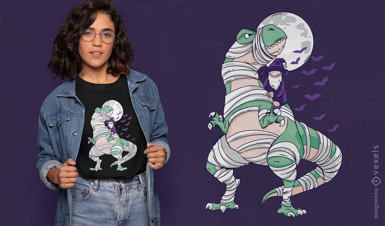 Diseño de camiseta de mumy y mago de Halloween t-rex