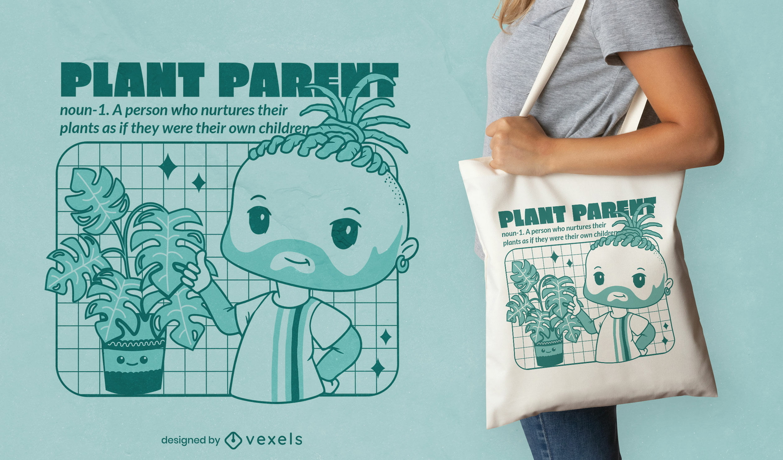 Chibi hombre con diseño de bolsa de asas de plantas de interior