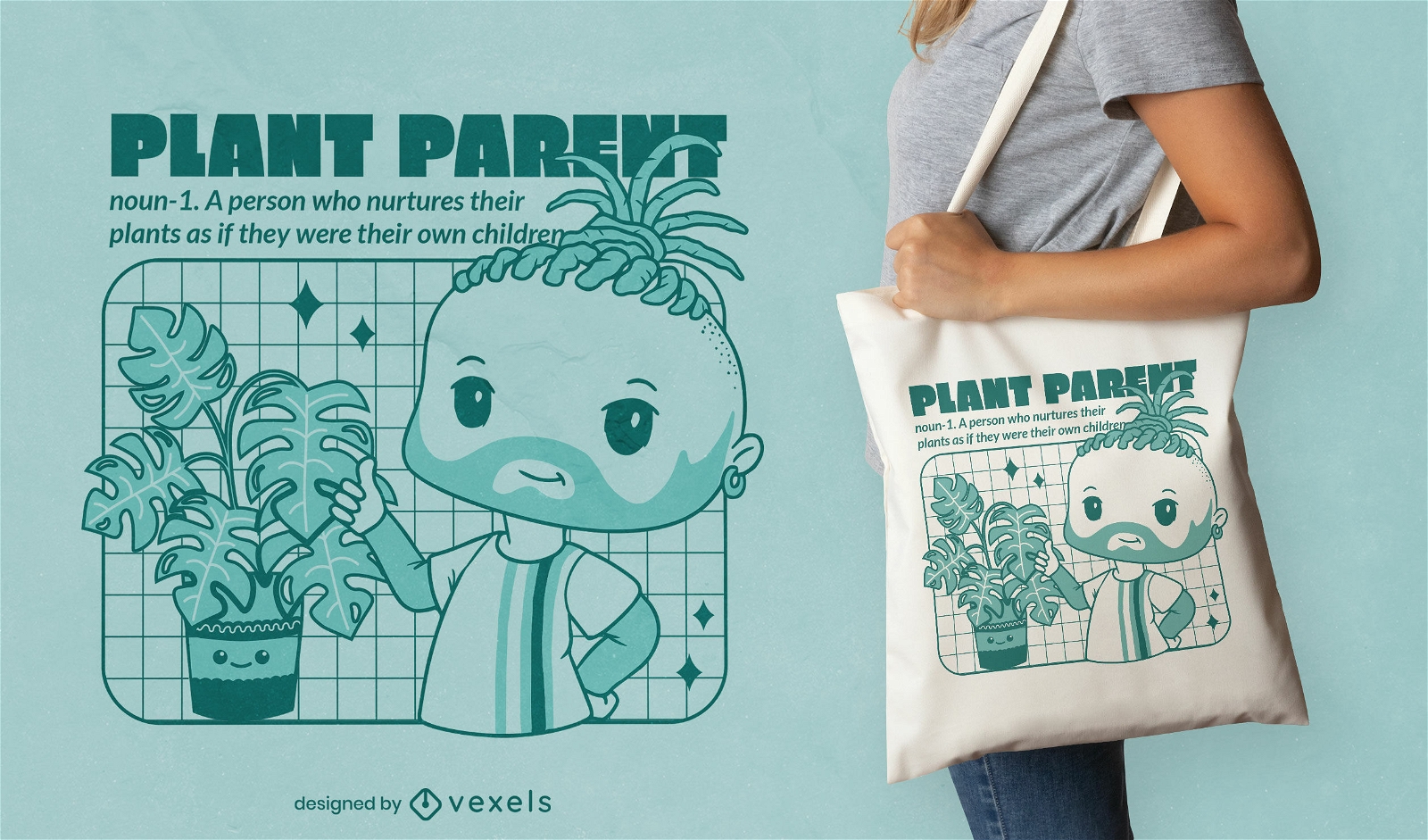 Chibi man with house plants tote bag design