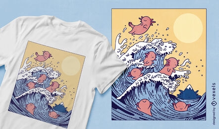 Axolotls in wave t-shirt design