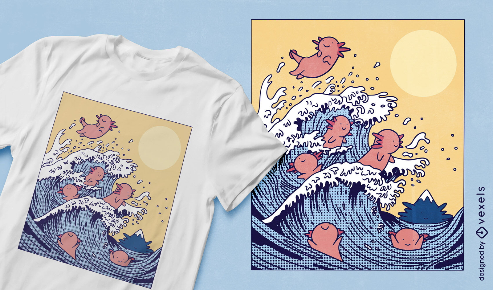 Diseño de camiseta Axolotls en onda.