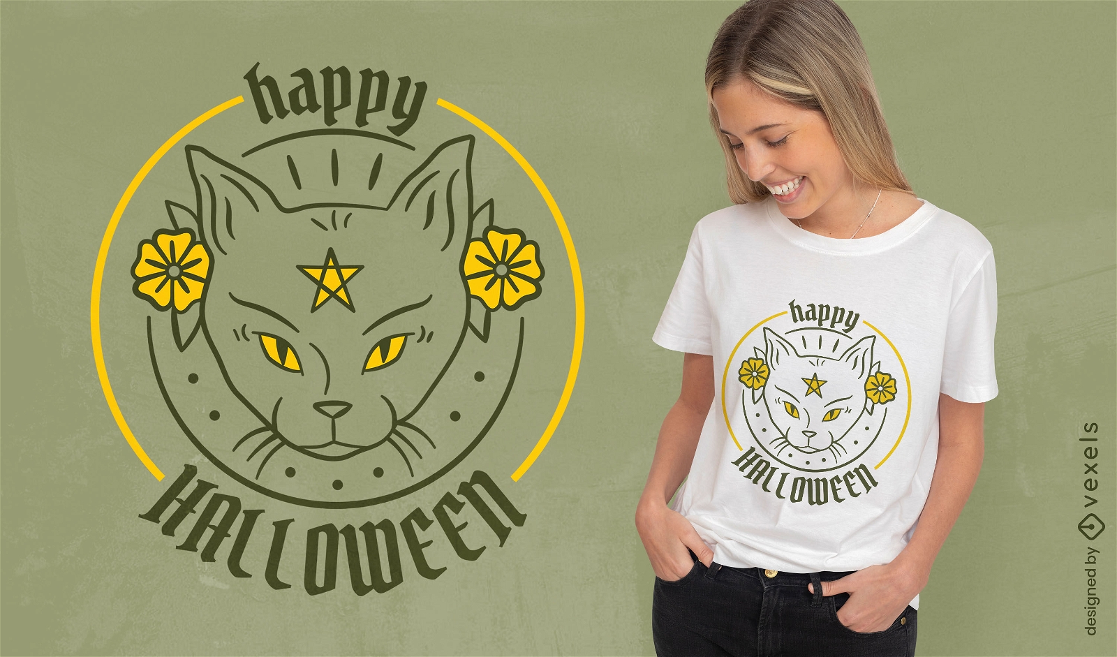 Diseño de camiseta de gato de bruja satánica de Halloween