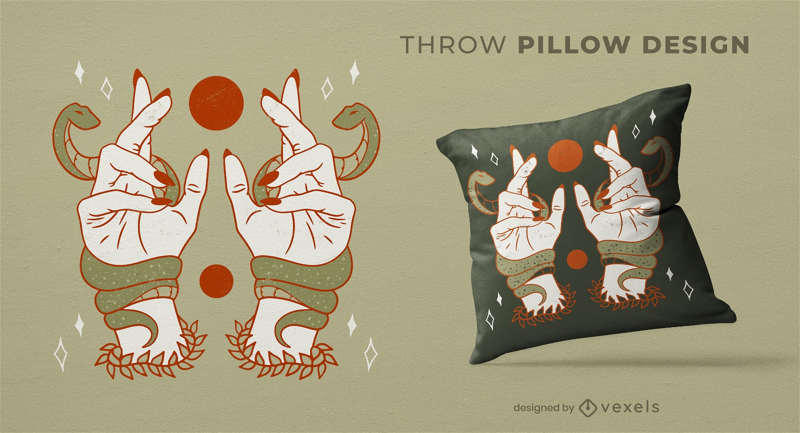 Hands and snakes throw pillow design