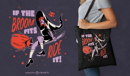 Witch flying on a broom tote bag design