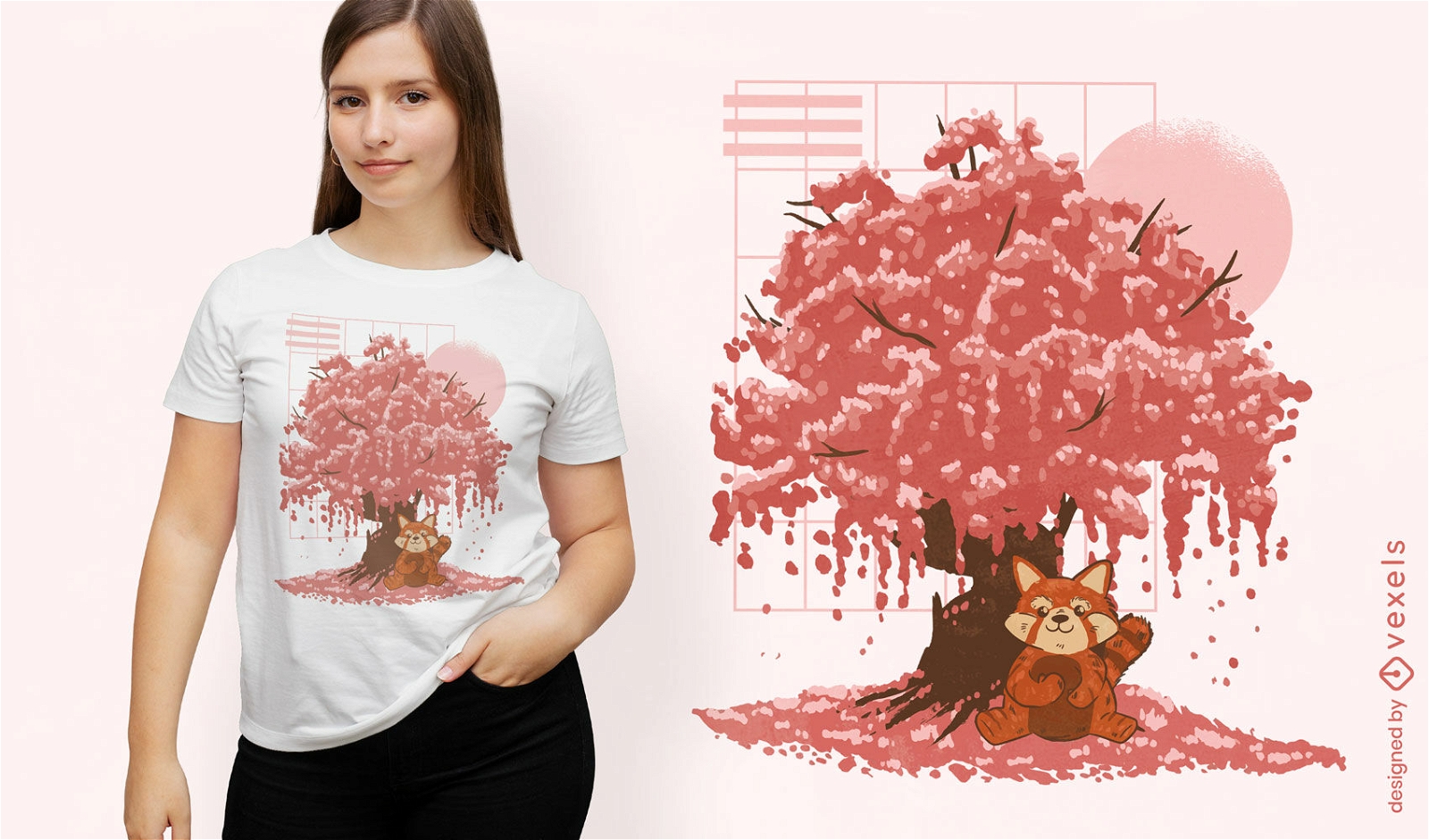 Design de camiseta de panda vermelho e árvore de Sakura