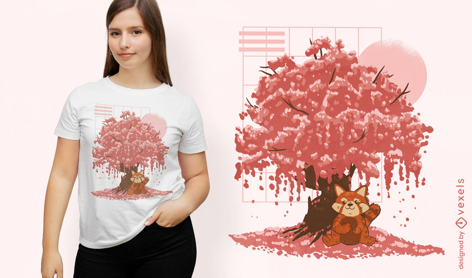 Diseño de camiseta de panda rojo y árbol de Sakura
