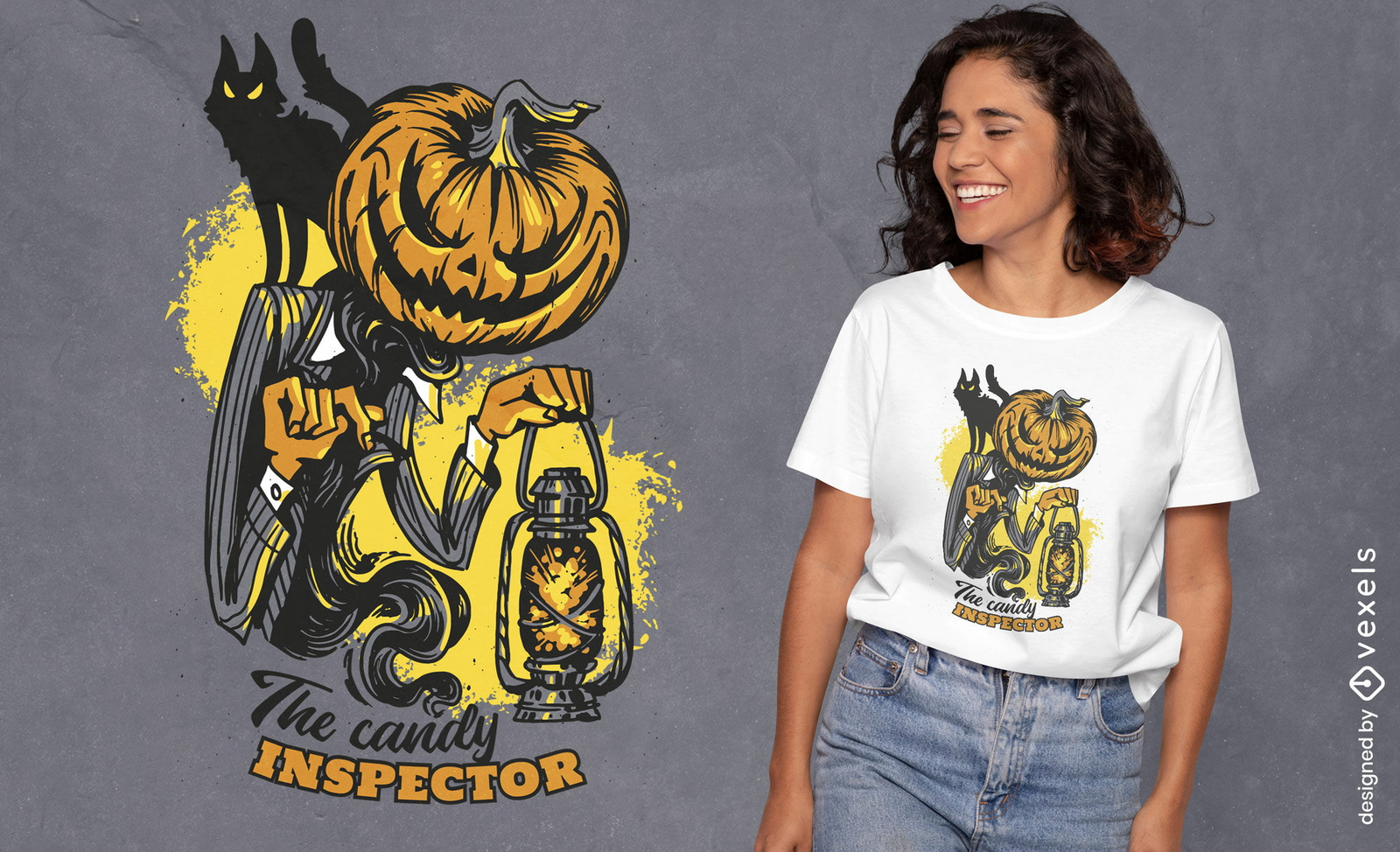 Diseño de camiseta de calabaza de Halloween espeluznante del inspector de dulces